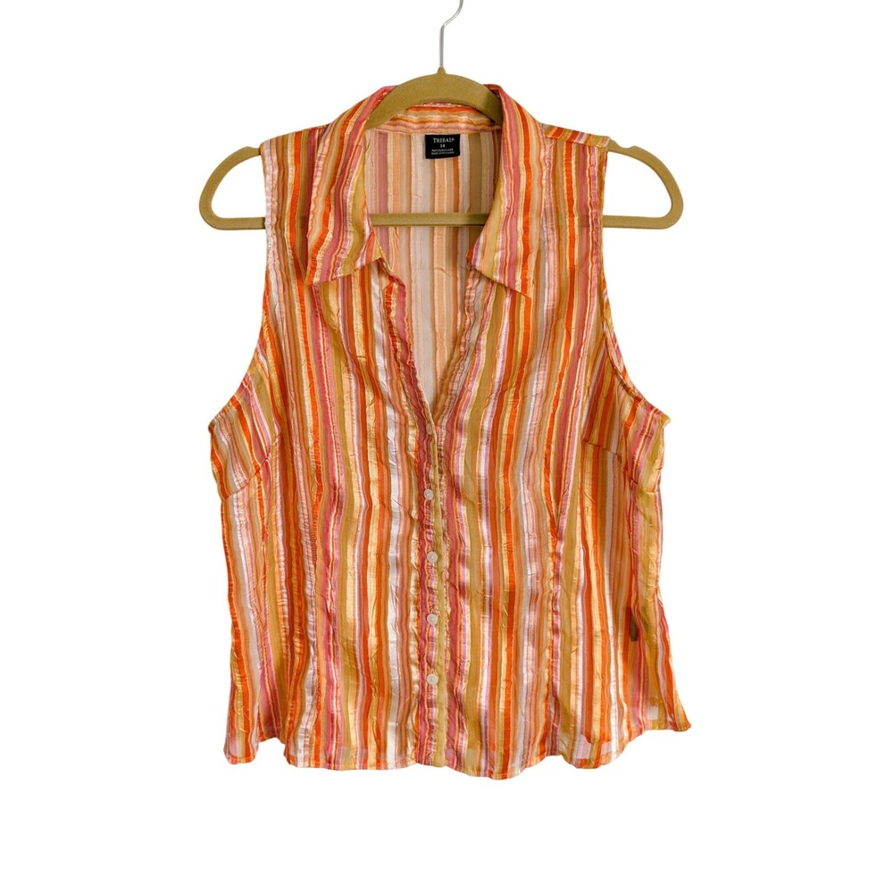 Tribal 2000s Y2K Orange & Pink Candy Stripe Sheer Collar Button Up Tank Top